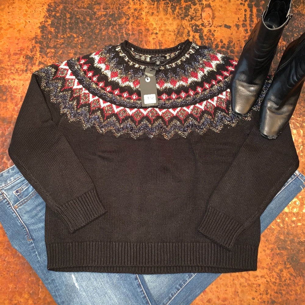 NWT Lucky Brand Black Fair Isle Sweater - Picture 2 of 5